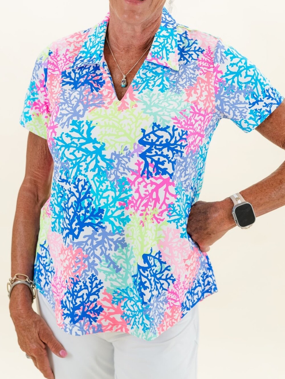 Lulu-B Vibrant Pink Blue Coral Print UPF 50+ Short Sleeve Polo Top Size Large